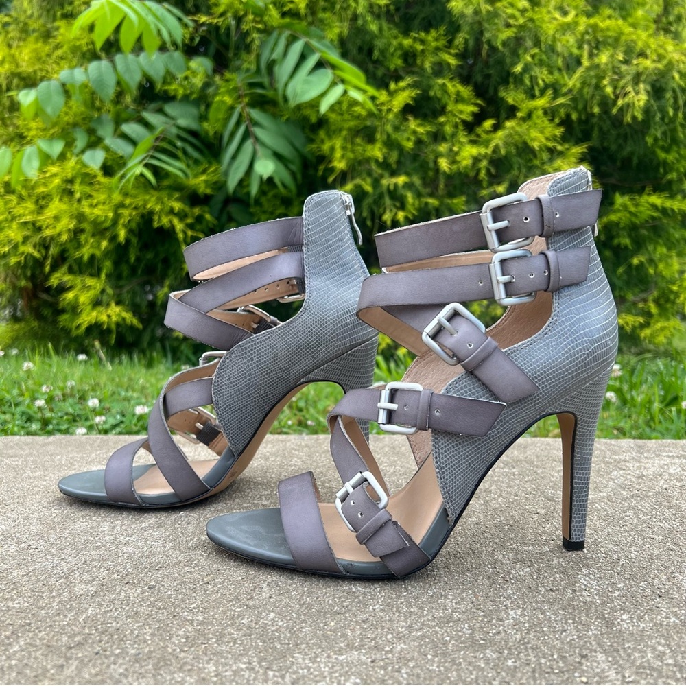 Sole Society Ashton Textured High Heel Sandal Gray Strappy Buckle, size 8-1/2 - Picture 2 of 13